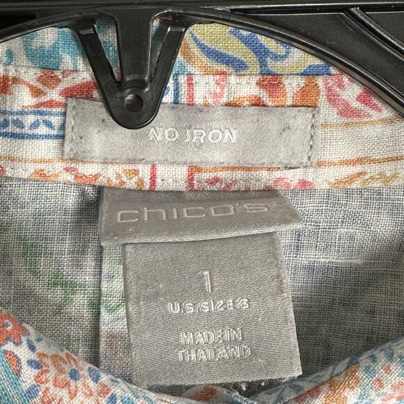 Chicos Size 1 Linen No Iron Blouse Coastal Tile Shirt Women Size 8 Bohemian - Picture 3 of 5